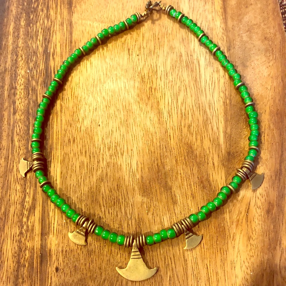 Green and brass beaded necklace